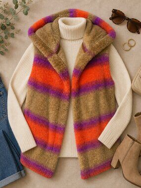 Ugg Colorful Faux Fur Hooded Vest Size M Boho Festival Cozy